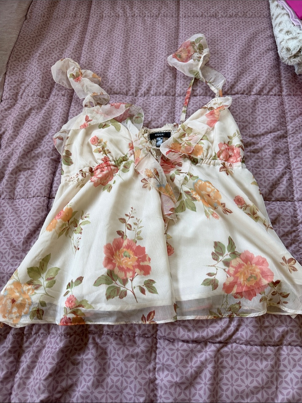 Aqua Cream Floral Ruffle Cami with Peach and Green Blooms